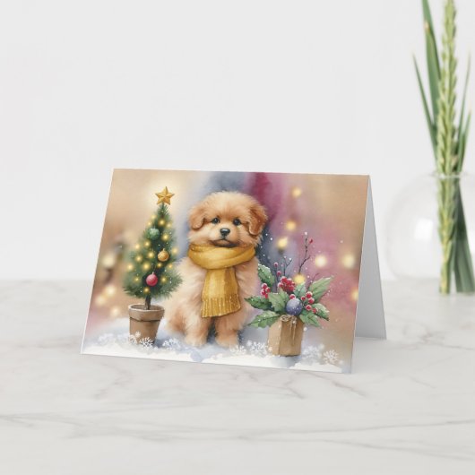 Adorable Puppy with Yellow Scarf & Christmas Tree Karte (Vorderseite)