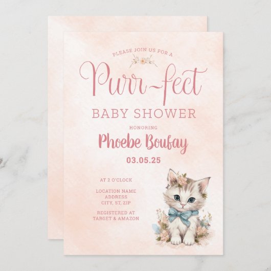 Adorable "Purr-fect" Kinderdusche Einladung (Vorne/Hinten)
