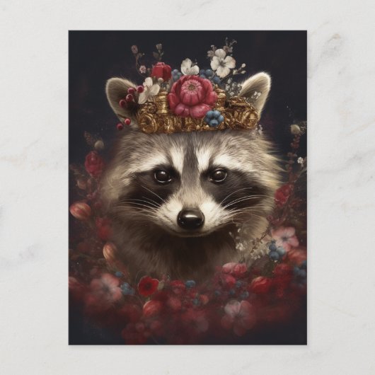 Adorable Raccoon in einer Krone mit Blume Postkarte (Vorderseite)