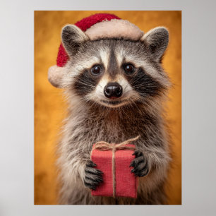 Adorable Raccoon in einer Weihnachtsmannmütze, die Poster