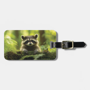 Adorable Raccoon und Frosch pinkeln über Mossy Log Gepäckanhänger