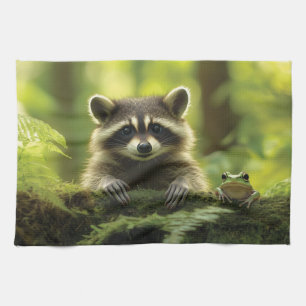 Adorable Raccoon und Frosch pinkeln über Mossy Log Geschirrtuch