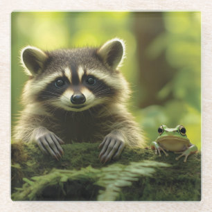 Adorable Raccoon und Frosch pinkeln über Mossy Log Glasuntersetzer
