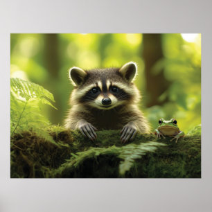 Adorable Raccoon und Frosch pinkeln über Mossy Log Poster