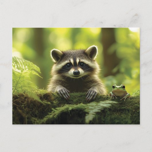 Adorable Raccoon und Frosch pinkeln über Mossy Log Postkarte (Vorderseite)