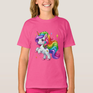 Adorable Rainbow Unicorn with Cloud & Rainbow Mark T-Shirt