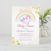 Adorable Rainbow Unicorn Yellow Floral Baby Dusche Einladung (Stehend Vorderseite)