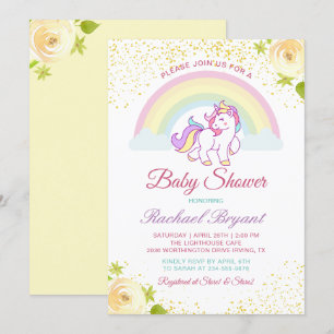 Adorable Rainbow Unicorn Yellow Floral Baby Dusche Einladung