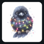Adorable Raven Christmas Quadratischer Aufkleber<br><div class="desc">Die künstlerische KI entwarf Kunst eines bezaubernden Rabe,  der in Weihnachtsleuchten im Aquarellstil verpackt war</div>
