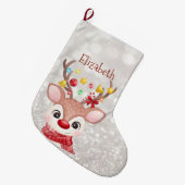 Adorable Rentiere mit Weihnachtsmannmütze, Bokeh Großer Weihnachtsstrumpf (Vorderansicht (hängend))