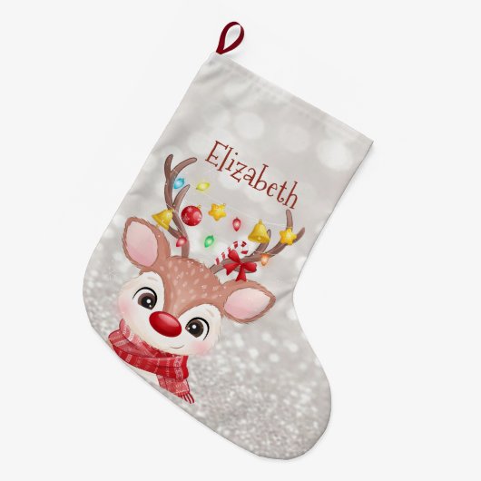 Adorable Rentiere mit Weihnachtsmannmütze, Bokeh Großer Weihnachtsstrumpf (Vorderansicht (hängend))