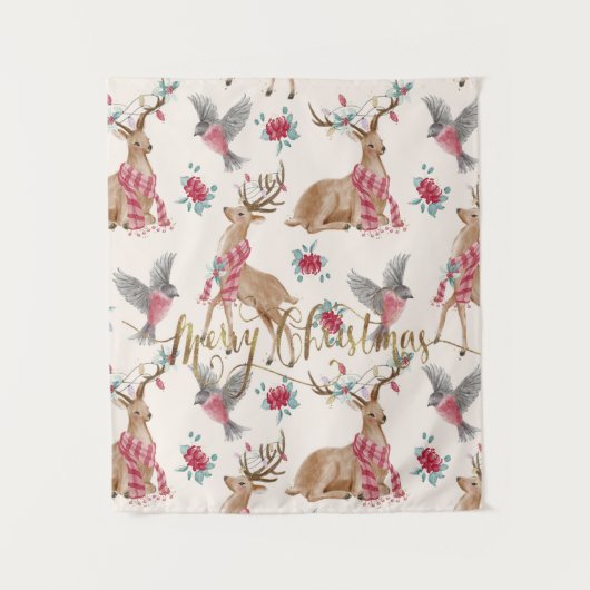 Adorable Rentiere, Vögel, Blume Wandteppich (Vorderseite)