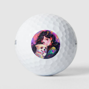 Adorable Retro Anime Girl & Ihr Hund Golfball
