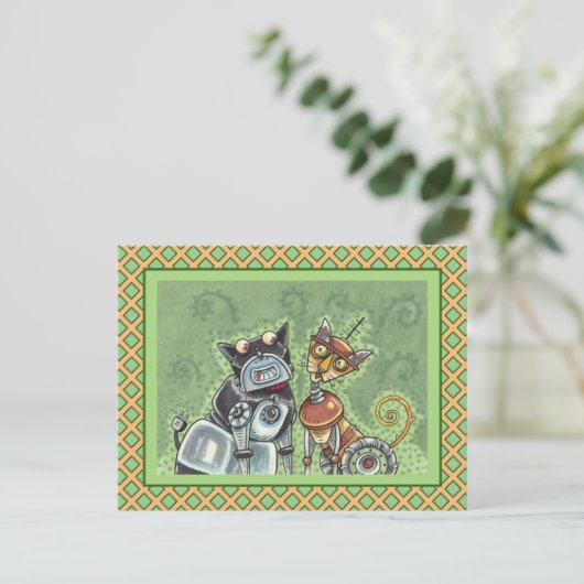 ADORABLE ROBOT BULLDOG & FELINE FRIEND Funny Blank Postkarte (Stehend Vorderseite)