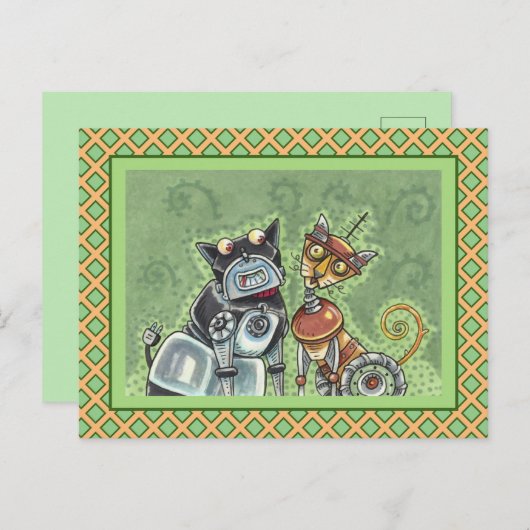 ADORABLE ROBOT BULLDOG & FELINE FRIEND Funny Blank Postkarte (Vorne/Hinten)