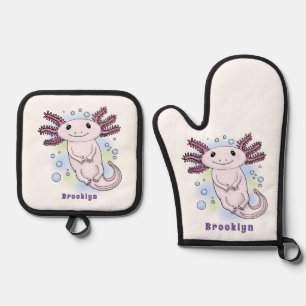 Adorable rosa axolotale Cartoon Ofenhandschuh & Topflappen-Set
