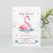 Adorable rosa Flamingo Stars Hearts Baby Dusche Einladung (Stehend Vorderseite)
