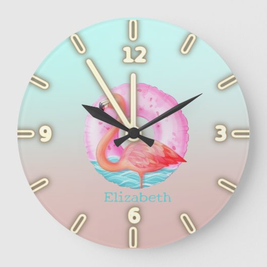 Adorable rosa Flamingos Pool Floß Große Wanduhr (Vorderseite)