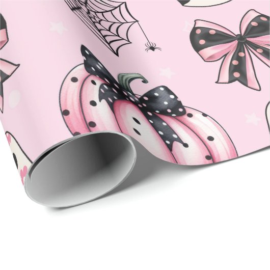Adorable rosa Geist und Pumpkin und Bows Halloween Geschenkpapier (Rolleneckpunkt)