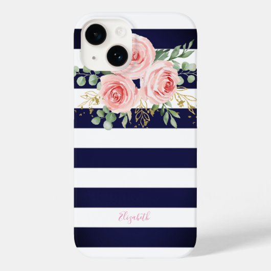 Adorable rosa Roses Navy Blue Stripes Case-Mate iPhone Hülle (Rückseite)