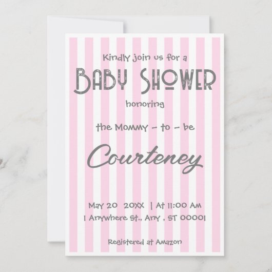 Adorable rosa Stripte Kinderdusche Einladung (Vorderseite)