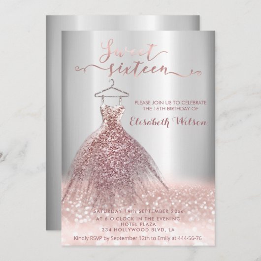 Adorable Rose goldglatter Kleid Kalligraphie Invi Einladung (Vorne/Hinten)