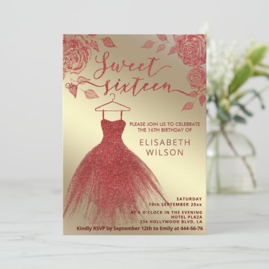 Adorable Rote Rosen Rot glänzende Kleidung Einladu Einladung (Stehend Vorderseite)