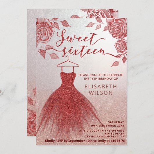 Adorable Rote Rosen Rot Glitterkleid Einladung (Vorne/Hinten)