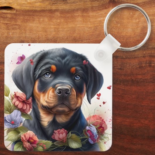 Adorable Rottweiler Puppy Dog Schlüsselanhänger (Rückseite)