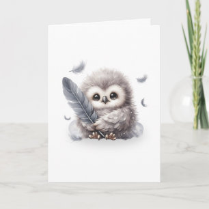 Adorable Round Owl mit einem Feather Blank Karte