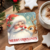 Adorable Santa and Rudolph Christmas Paper Coaster Rechteckiger Pappuntersetzer