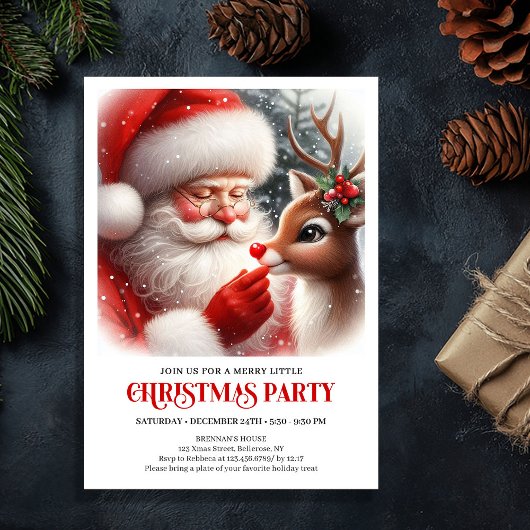 Adorable Santa and Rudolph Christmas Party Invite Einladung