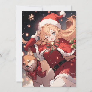 Adorable Santa Anime Girl and Christmas Shiba Dog Feiertagskarte