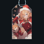 Adorable Santa Anime Girl and Christmas Shiba Dog Geschenkanhänger<br><div class="desc">Digitale Kunst eines bezaubernden Anime-Mädchens in Santa Claus wie Kleidung. Sie hat eine lange rote, spitze Weihnachtsweihnachtsweih-Weihnachtsmannmütze, ein niedliches rotes Kleid mit einem Gürtel, einen Weihnachtsschal mit weißem Flügel, niedliche Rot-Grün-Bögen und Bänder und eine Glocke. Ihr shiba inu Hund läuft neben ihr. An der Weihnachtsnachtsnacht im Winter gibt es schöne...</div>