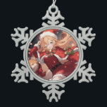 Adorable Santa Anime Girl and Christmas Shiba Dog Schneeflocken Zinn-Ornament<br><div class="desc">Digitale Kunst eines bezaubernden Anime-Mädchens in Santa Claus wie Kleidung. Sie hat eine lange rote, spitze Weihnachtsweihnachtsweih-Weihnachtsmannmütze, ein niedliches rotes Kleid mit einem Gürtel, einen Weihnachtsschal mit weißem Flügel, niedliche Rot-Grün-Bögen und Bänder und eine Glocke. Ihr shiba inu Hund läuft neben ihr. An der Weihnachtsnachtsnacht im Winter gibt es schöne...</div>