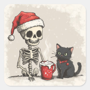 Adorable Santa Skeleton und Kitten Quadratischer Aufkleber