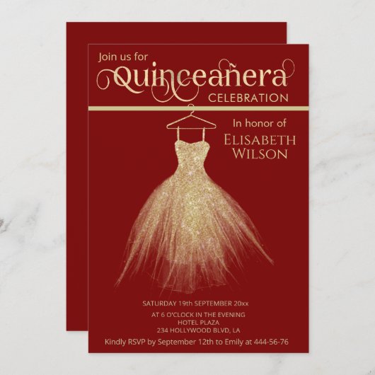 Adorable schicke Goldkleid rot Quinceañera Einladung (Vorne/Hinten)