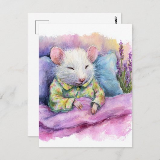 Adorable Schlafweiße Maus in PJs Wasserfarbe Postkarte (Vorne/Hinten)