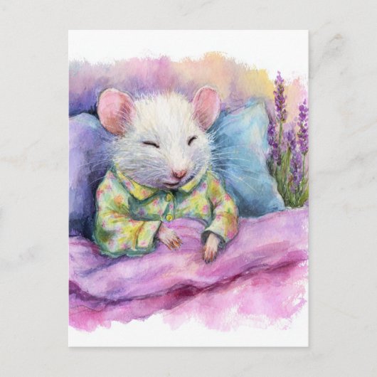 Adorable Schlafweiße Maus in PJs Wasserfarbe Postkarte (Vorderseite)