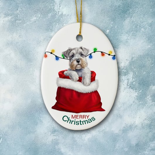 Adorable Schnauzer Terrier Dog in Holiday Gift Bag Keramik Ornament