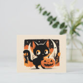 Adorable Schwarze Katze mit Jack-o’-Laterne Postkarte (Stehend Vorderseite)