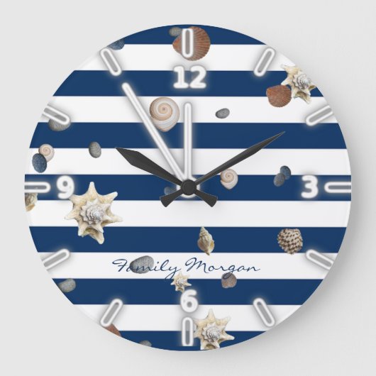 Adorable Seashells ,Navy Blue Stripes-Personalized Große Wanduhr (Vorderseite)