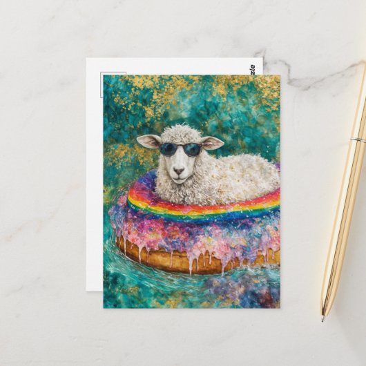 Adorable Sheep on a Float Trip Postkarte (Vorderseite/Rückseite Beispiel)
