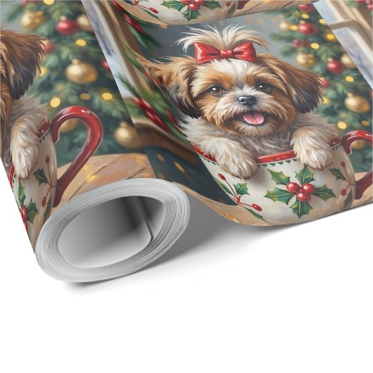 Adorable Shih Tzu Dog in Christmas Mug Cozy Art Geschenkpapier (Rolleneckpunkt)
