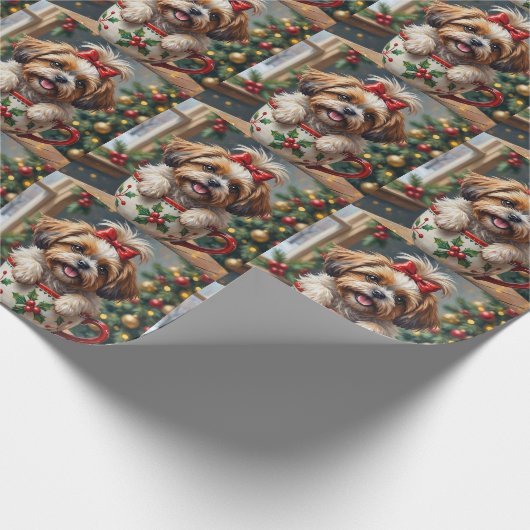 Adorable Shih Tzu Dog in Christmas Mug Cozy Art Geschenkpapier (Ecke)