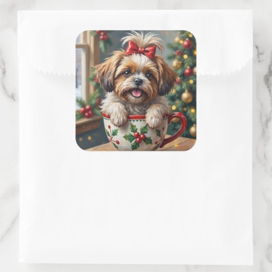Adorable Shih Tzu Dog in Christmas Mug Cozy Art Quadratischer Aufkleber (Tasche)