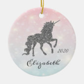 Adorable Silver Glitzer Unicorn Bokeh Keramik Ornament (Vorne)