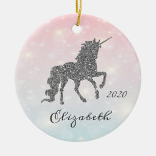 Adorable Silver Glitzer Unicorn Bokeh Keramik Ornament