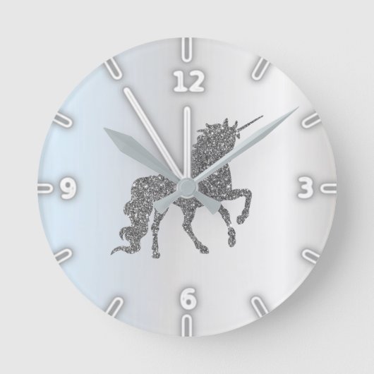 Adorable Silver Glitzer Unicorn Runde Wanduhr (Vorderseite)