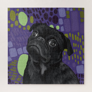 Adorable Sitze Schwarzer Mops Hund auf Lila Abstra Puzzle